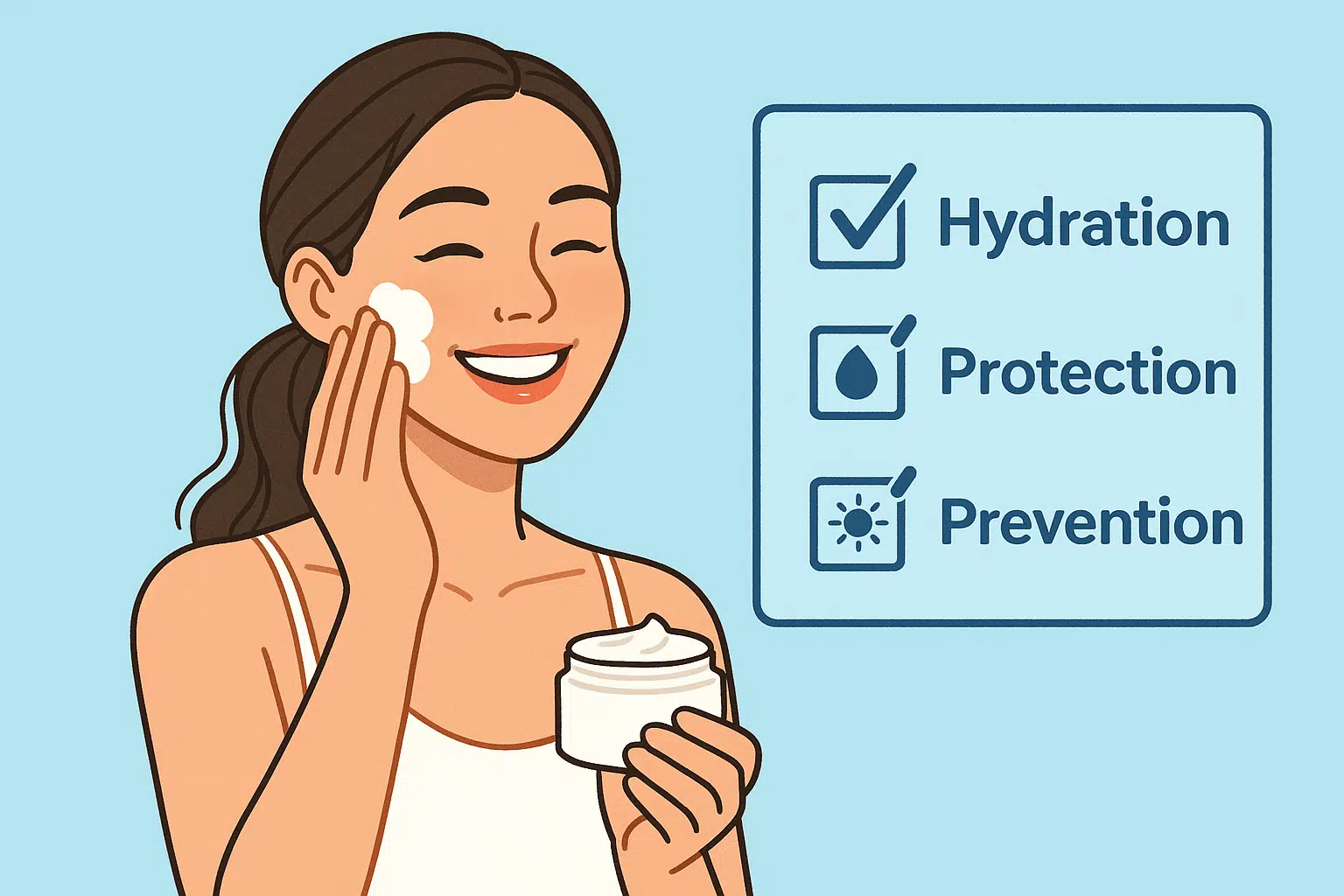 밝은 표정으로 보습제를 바른 뒤 촉촉하고 건강한 피부를 가진 여성, ‘보습·보호·예방’