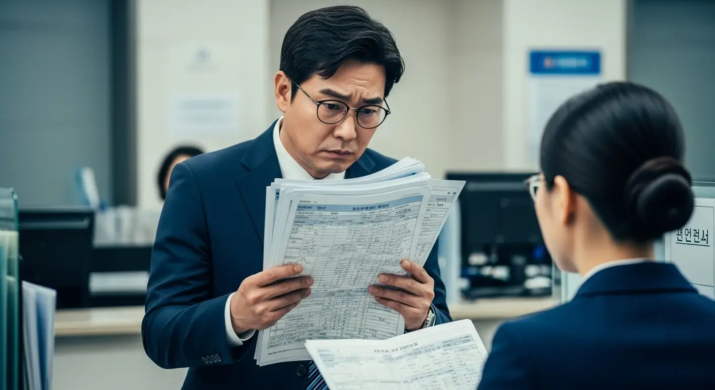 한 한국인 개인 사업자가 은행 창구 앞에서 복잡한 세무 서류를 들고 답답해하는 모습