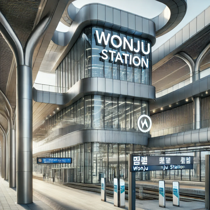 원주역 외부 전경과 '원주역' 간판이 포함된 현대적인 건축물