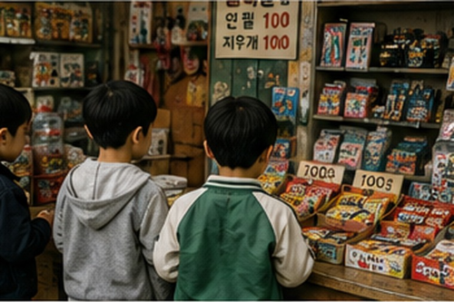세 아이가 작은 문방구의 과자 진열대 앞에 서서 여러 종류의 간식을 살펴보는 모습