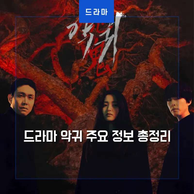 붉은 빛이 나는 음산한 나무를 배경으로 세 주인공이 검은 옷을 입고 음산하게 내려다 보는 악귀 포스터 썸네일