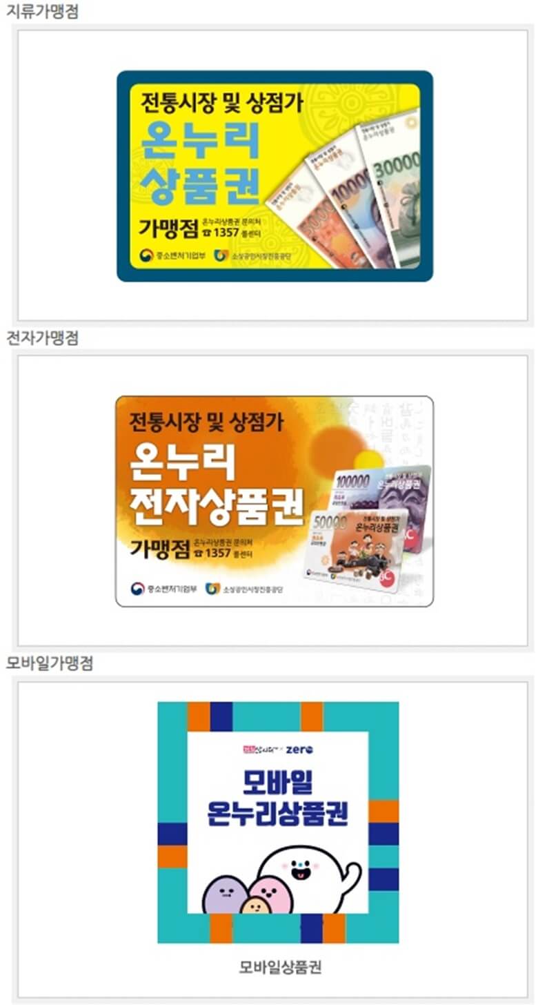 온누리 상품권 사용처를 지류(종이)가맹점&#44; 전자(카드)가맹점&#44; 모바일 가맹점 3가지로 분류한 그림