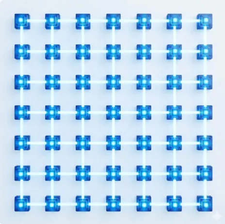 IBM 퀀텀 나이트호크: IBM 퀀텀 나이트호크의 Square-Lattice 토폴로지를 시각화한 이미지. 큐비트들이 완벽한 사각 격자 형태로 배치되어 상하좌우 4방향 연결을 명확하게 보여줍니다. (Square-Lattice quantum topology visualization, 4-way qubit connectivity)