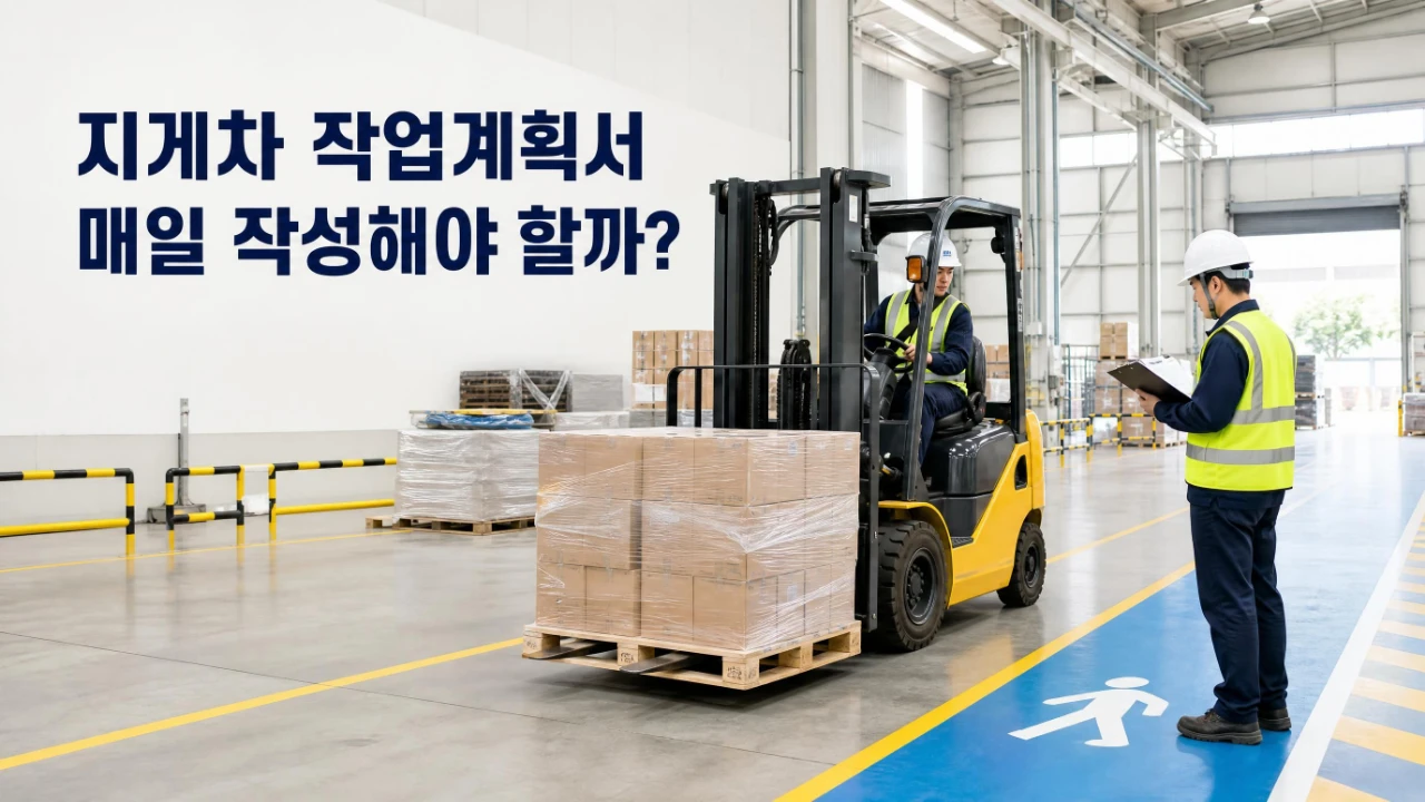 창고에서 지게차 운행경로와 작업계획서를 확인하는 작업지휘자