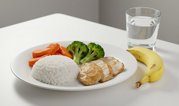 유방암 환자를 위한 항암치료 식단: 흰쌀밥, 삶은 채소, 구운 닭가슴살, 바나나, 물