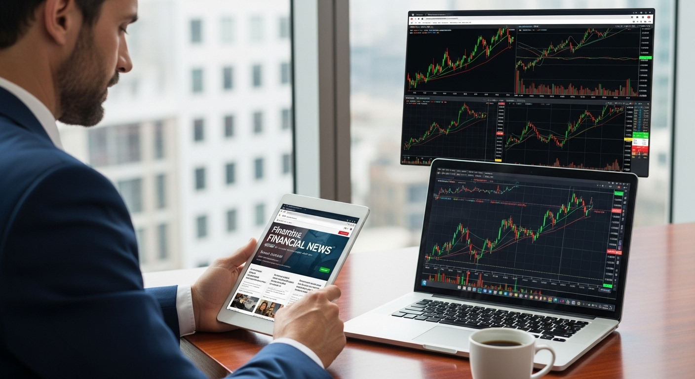 주식 뉴스를 침착하게 분석하며 시장 흐름을 파악하는 현실적인 투자자의 모습