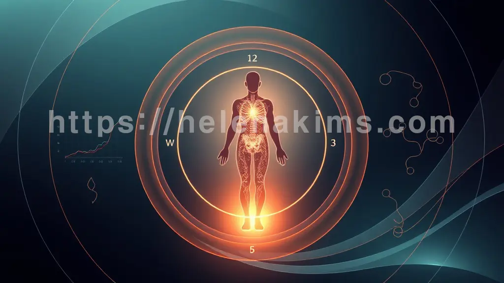 중앙에 인체 실루엣이 건강하게 자리하고, 그 주변을 시계의 순환을 상징하는 파동이 감싼 이미지.