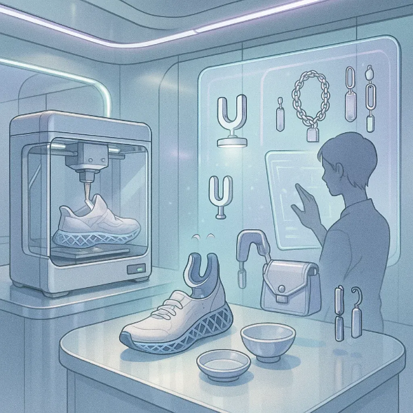 미래형 커스터마이징 연구실에서 3D 프린터로 운동화를 제작하는 장면. 디지털 인터페이스와 맞춤형 디자인 요소가 포함된 SF 스타일 일러스트