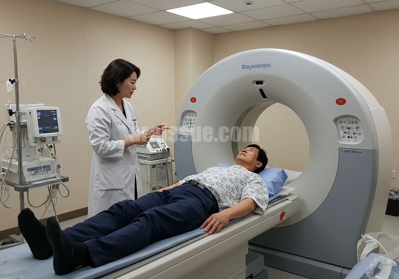 40대 한국 남성이 CT 스캔을 받기 위해 준비하는 장면, 병원에서 의료진과 함께