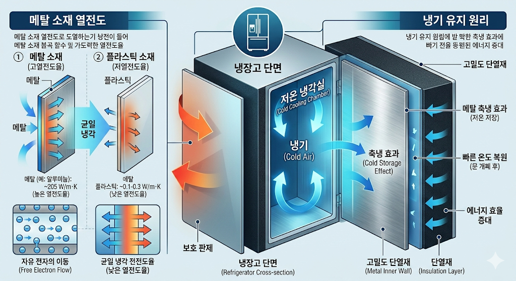 냉장고 내벽 메탈 쿨링 플레이트의 냉기 유지 및 열차단 구조