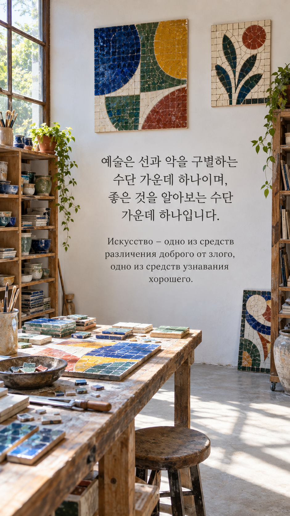 좋은 것을 알아보는 예술 — 여러 색의 타일이 놓인 공방