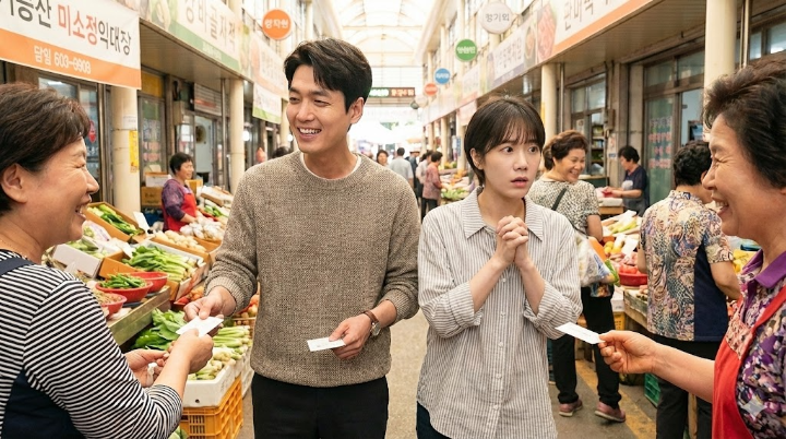 시장통에서 상인들에게 명함을 건네며 환하게 웃고 있는 강다윗과 박기쁨