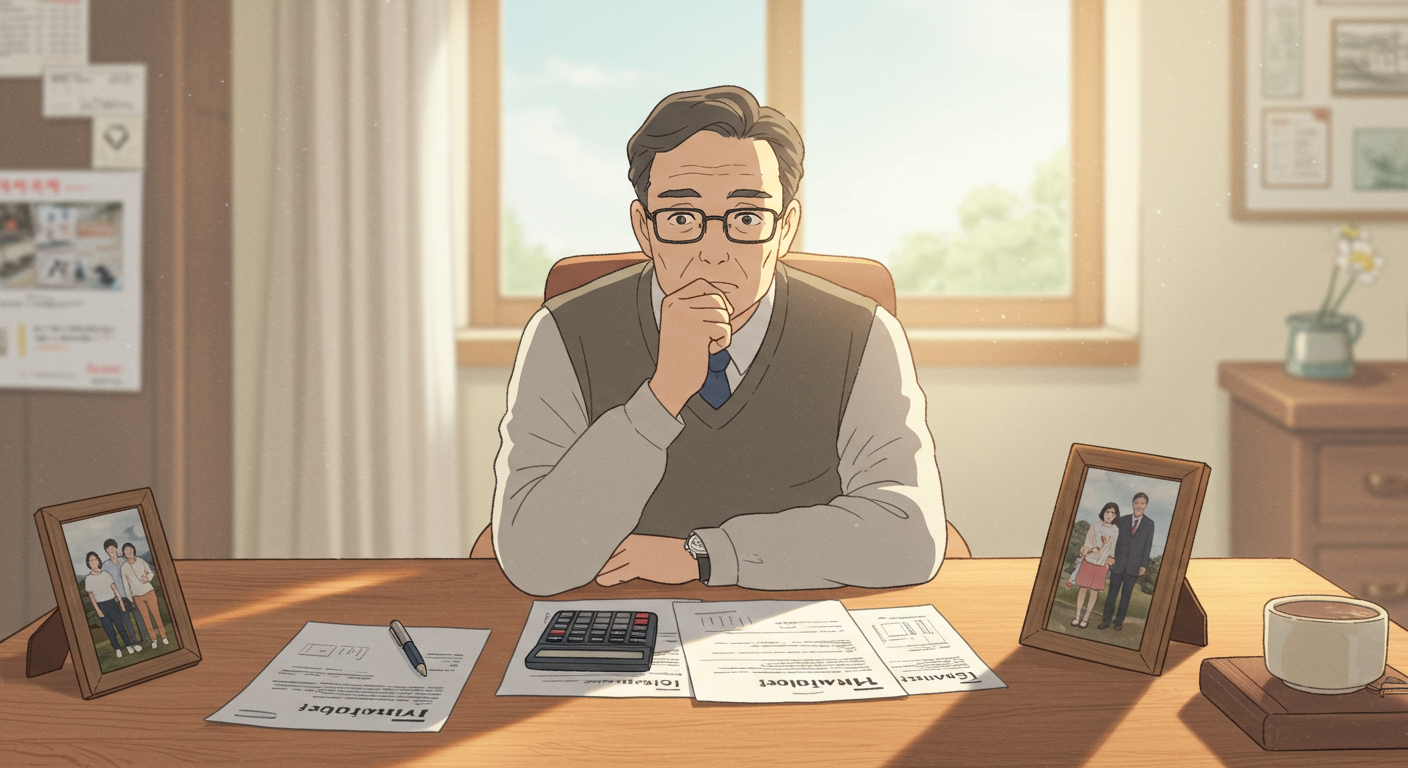 50대 직장인이 은퇴 준비를 하며 암보험을 검토하는 모습