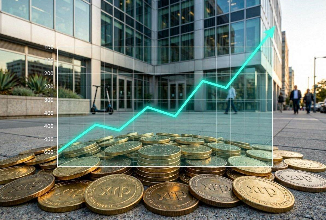 리플사 본사 앞에 XRP코인을 쌓아둔 이미지와 상승하는 차트를 묘사한 그림