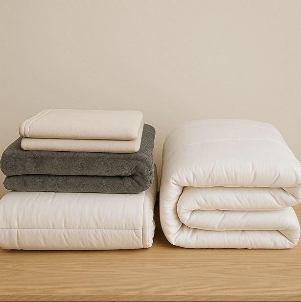 계절마다 교체해야 하는 이불이 개키어져 있는 모습