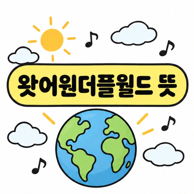 왓어원더플월드 뜻 문구와 지구, 하늘, 작은 음표를 함께 보여주는 그림
