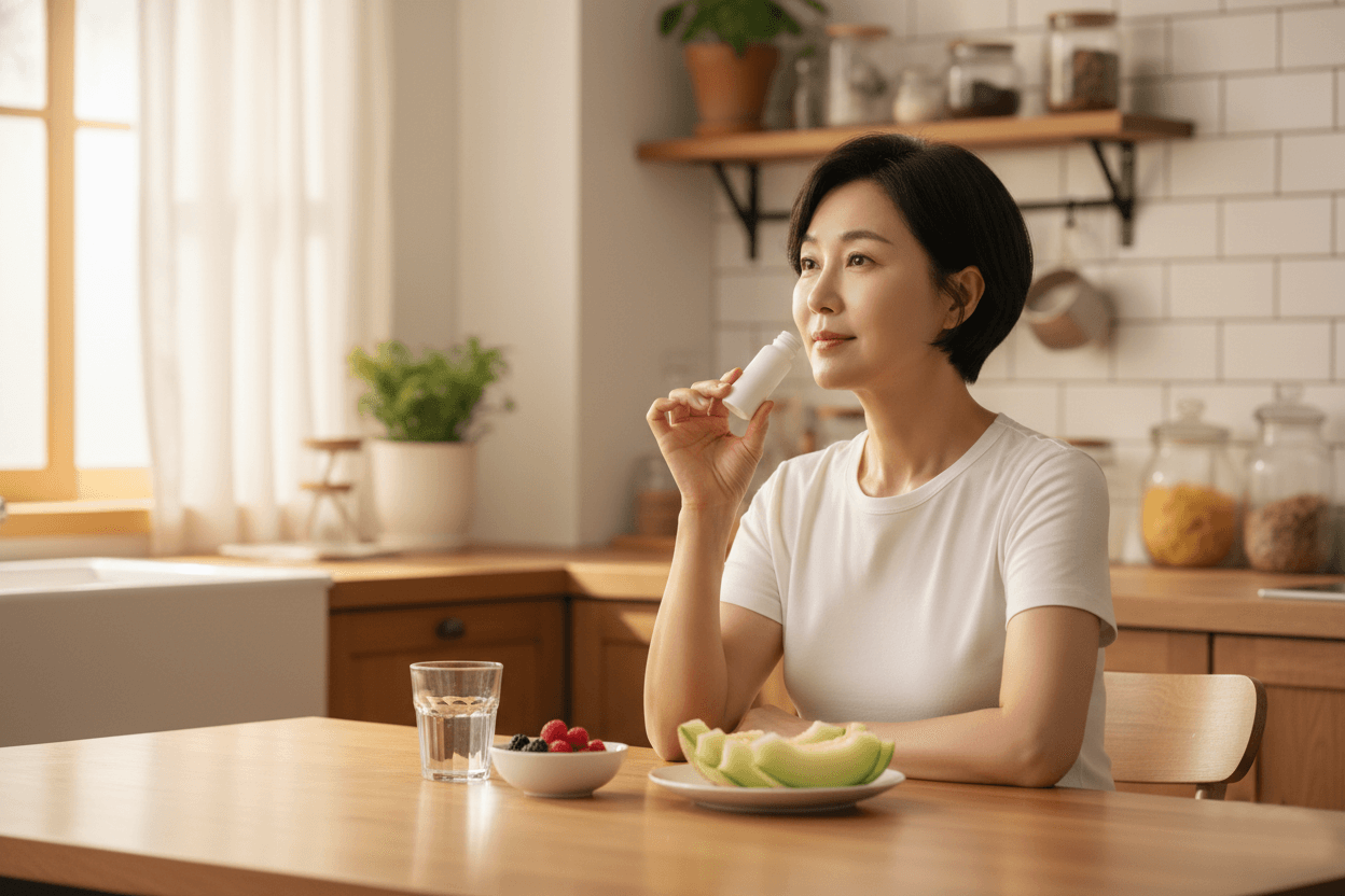 주방 식탁에서 알부민 액상 제품을 섭취하는 중년 여성, 물컵과 과일이 놓인 장면