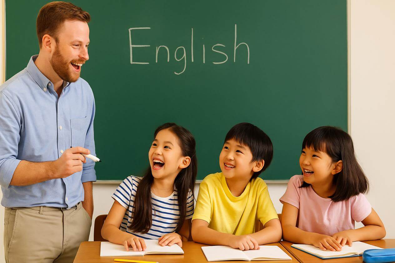 외국인 영어 강사가 교실에서 아이들과 함께 웃으며 수업하는 장면