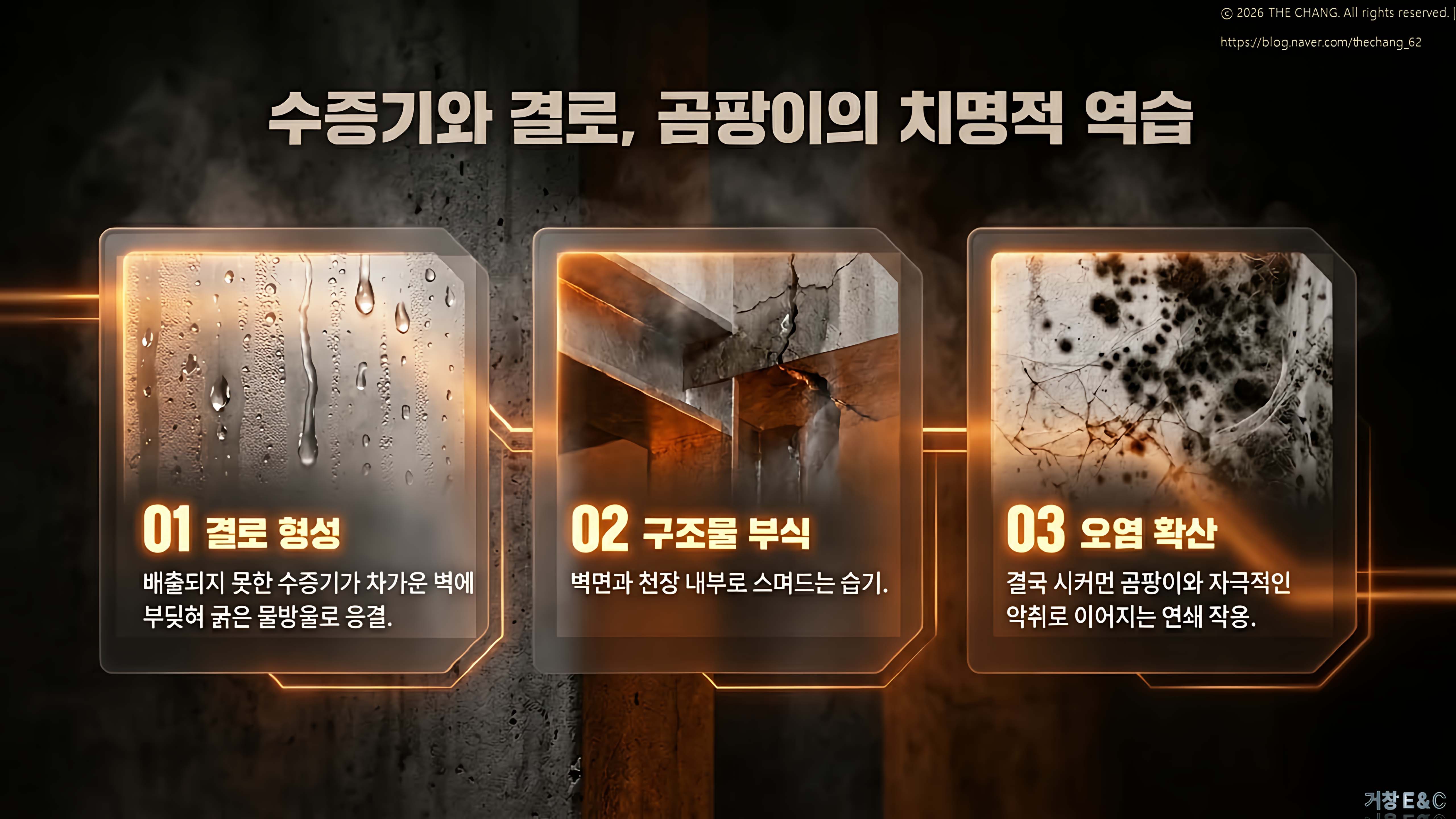 창문 결로 형성, 벽면 천장 습기, 곰팡이 오염