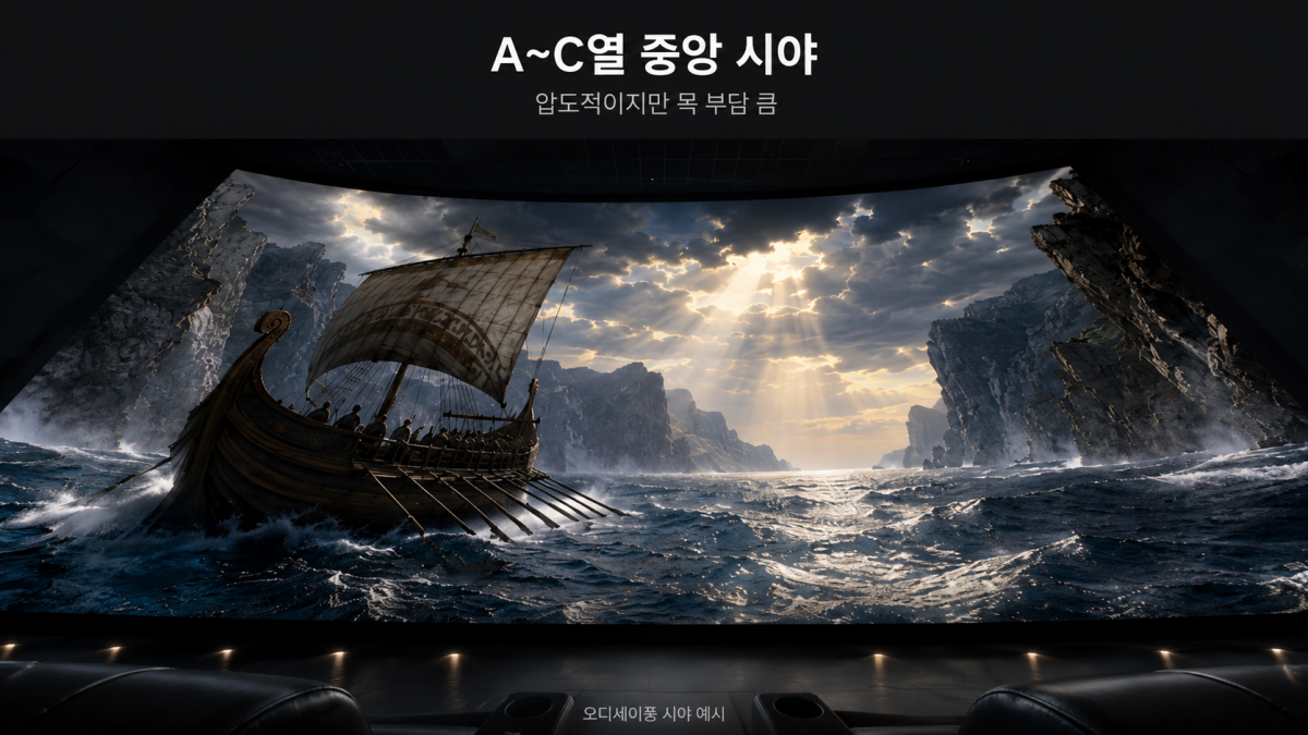 용산 아이맥스 A에서 C열 중앙 좌석에서 바라본 오디세이 화면 시야 예시