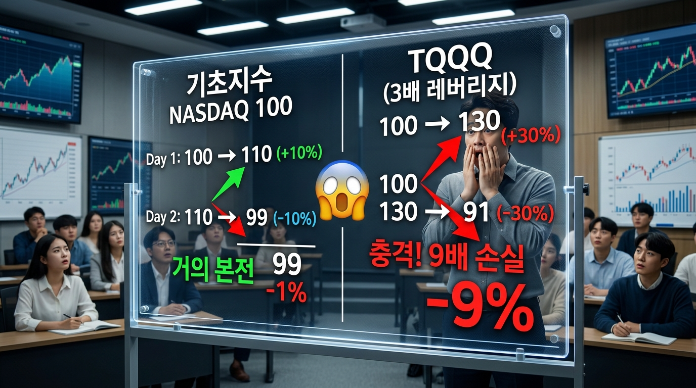 레버리지 ETF의 '음의 복리' 또는 '변동성 소멸' 저주를 극적으로 시각화