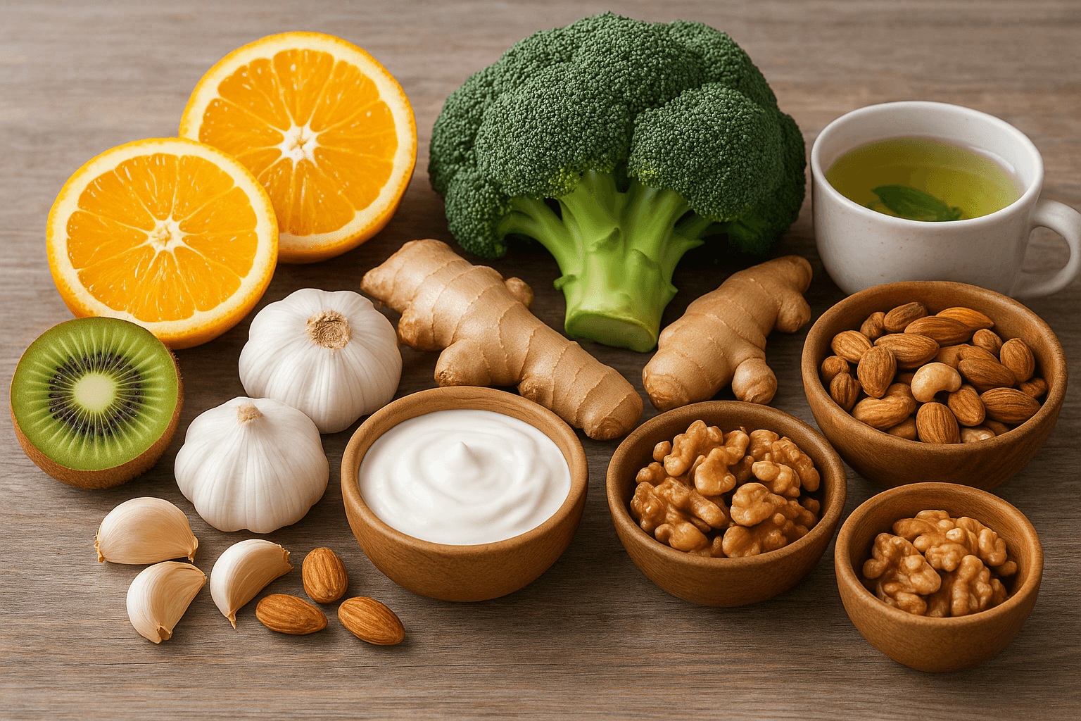 키위, 마늘, 브로콜리, 요거트, 견과류, 생강, 녹차등 건강한 식재료(출처**자체제작)