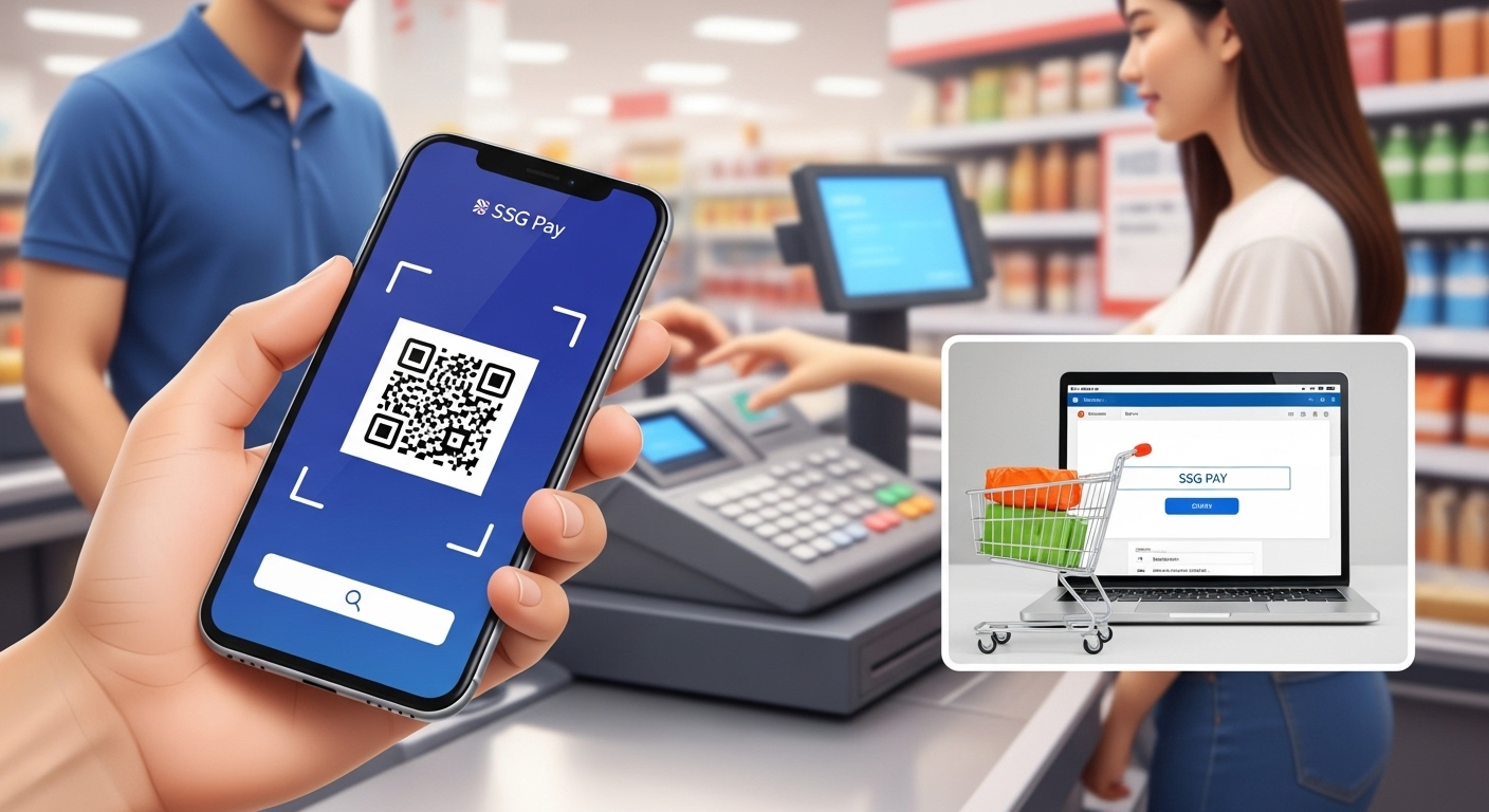SSG페이 바코드로 오프라인 결제하는 모습과 온라인에서 SSG페이를 선택하는 화면, 온/오프라인 결제 과정을 시각화한 이미지.