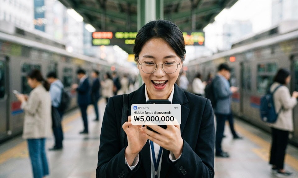 출근길 지하철이나 버스 정류장에서 스마트폰 화면을 보며 예상치 못한 지원금 소식에 환하게 웃으며 기뻐하는 한국인 직장인의 모습.