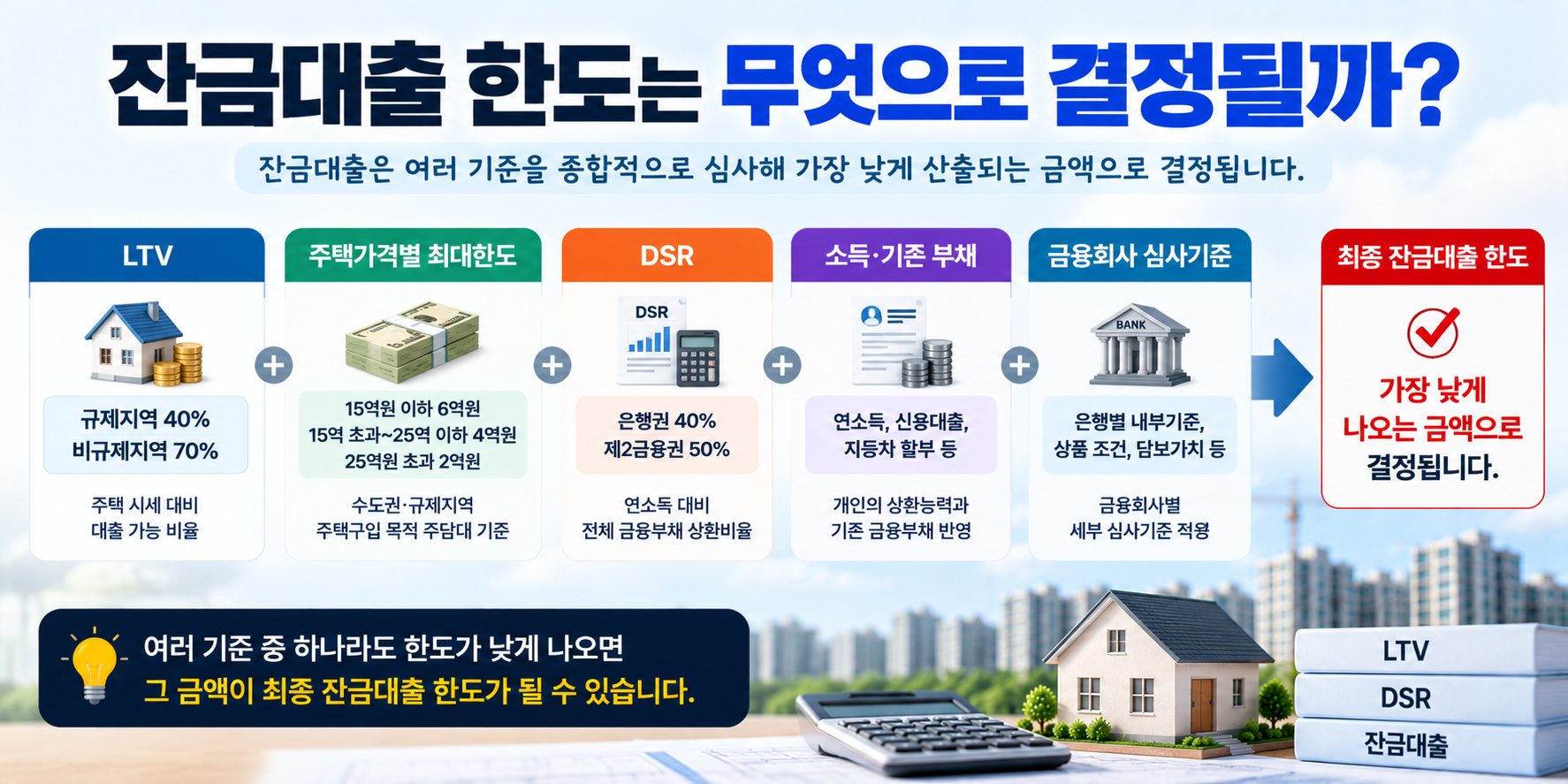 잔금대출 한도 결정 기준 LTV DSR 주택가격 소득 기존부채 금융회사 심사 설명 이미지