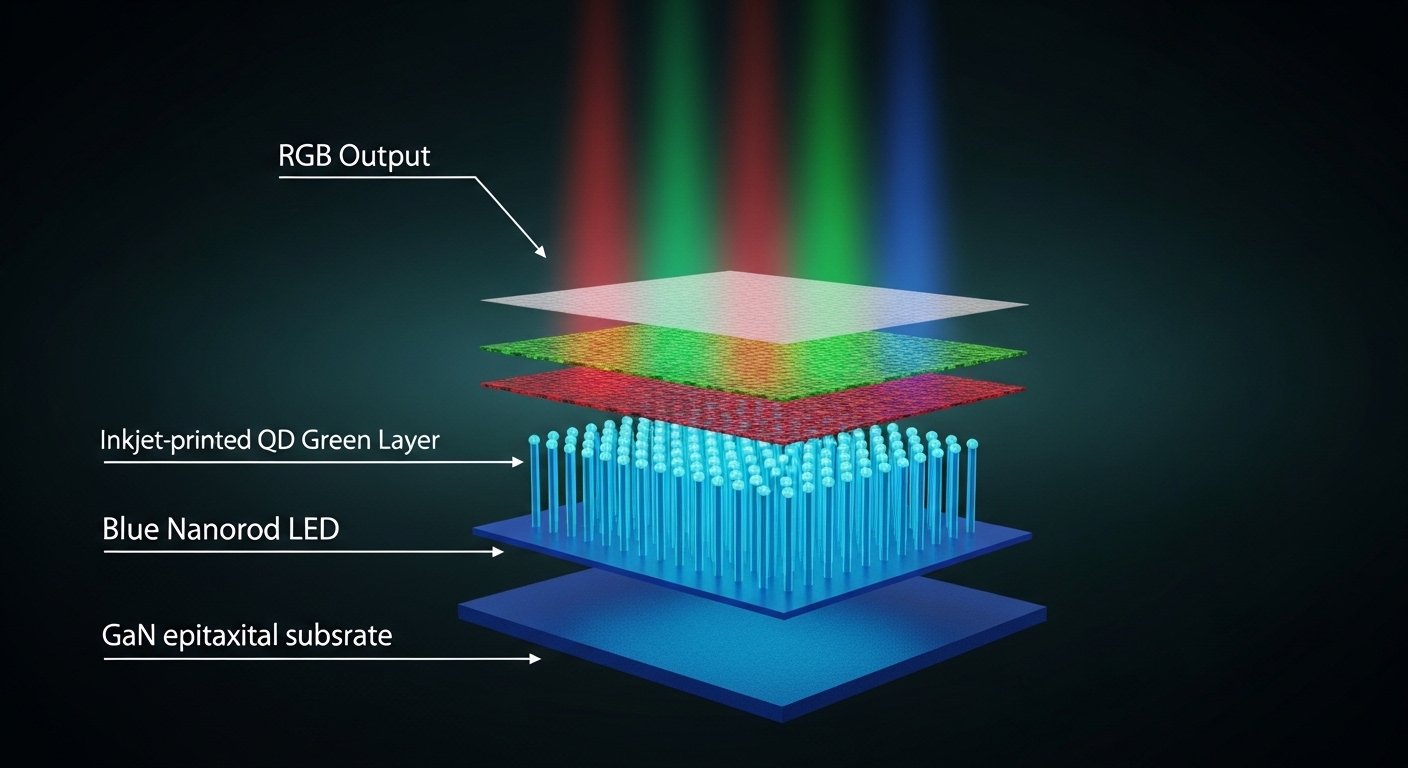 QNED display panel cross-section diagram. Layer by layer exploded view from bottom to top GaN epitaxial substrate, blue nanorod LED array glowing cyan, inkjet-printed red and green quantum dot color conversion layers, RGB pixel output at top. Labels Blue Nanorod LED, QD Red Layer, QD Green Layer, RGB Output. Dark background with teal and colored light. English labels only.