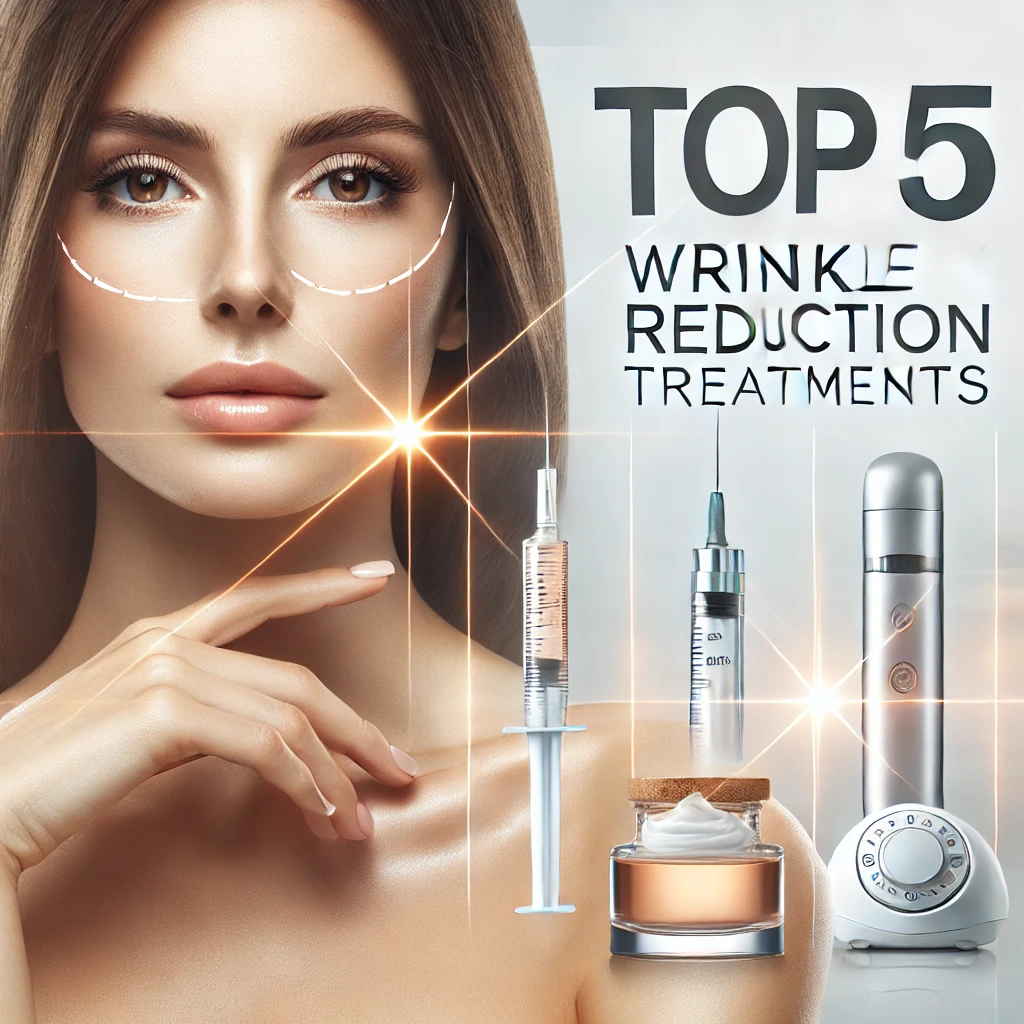 주름 개선을 위한 보톡스, 필러 주사기, 레이저 치료 기기, 그리고 스킨케어 제품이 있는 깨끗하고 밝은 배경의 썸네일 이미지. 부드럽고 젊어 보이는 피부를 강조하며, 'Top 5 Wrinkle Reduction Treatments'라는 텍스트가 현대적이고 미니멀한 폰트로 표현되어 있는 이미지