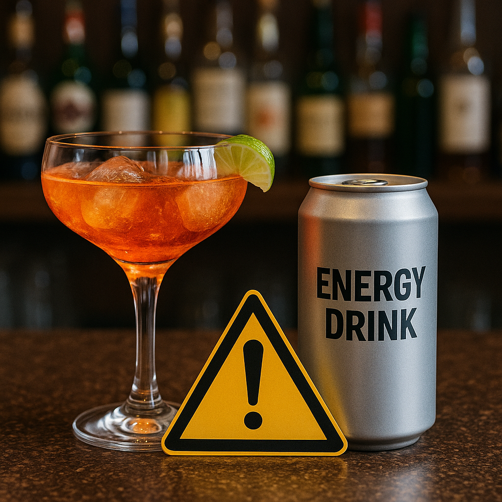 바 테이블 위 칵테일과 에너지드링크 캔 사이 경고 표지로 혼합 위험을 알리는 장면