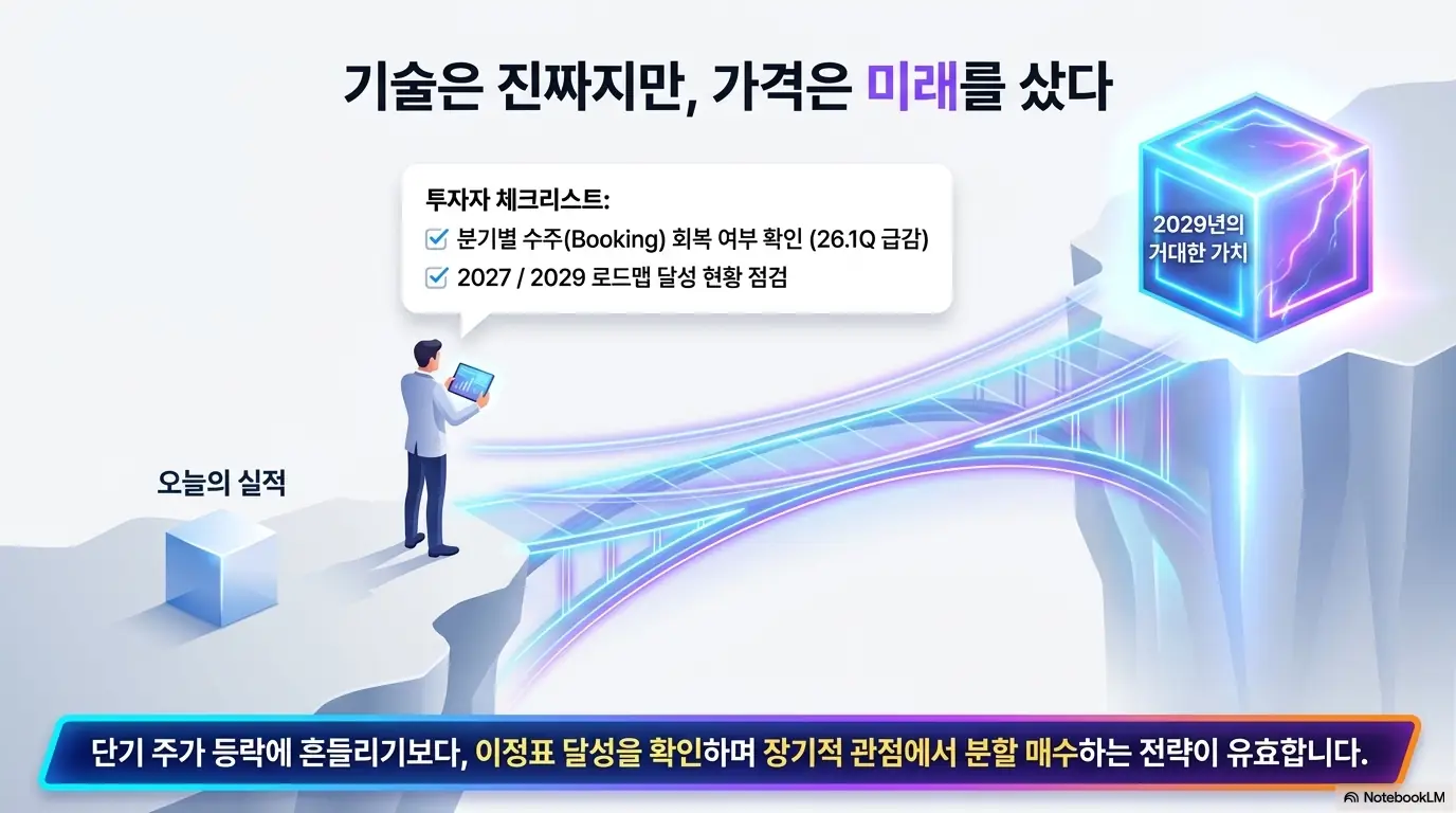 퀀티넘 주가가 오늘의 실적과 2029년의 거대한 가치 사이를 다리로 잇는 모습을 표현한 이미지. 분기별 수주 회복과 2027년 2029년 로드맵 달성을 점검하며 장기 관점에서 분할 매수하는 전략이 유효함을 보여줌 
