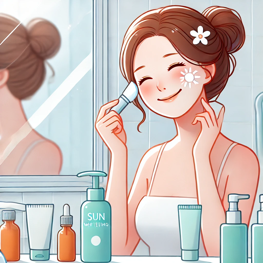 밝고 깨끗한 욕실에서 자외선 차단제를 얼굴에 바르는 사람의 모습. 피부 미백을 위한 자외선 차단의 중요성을 강조한 장면