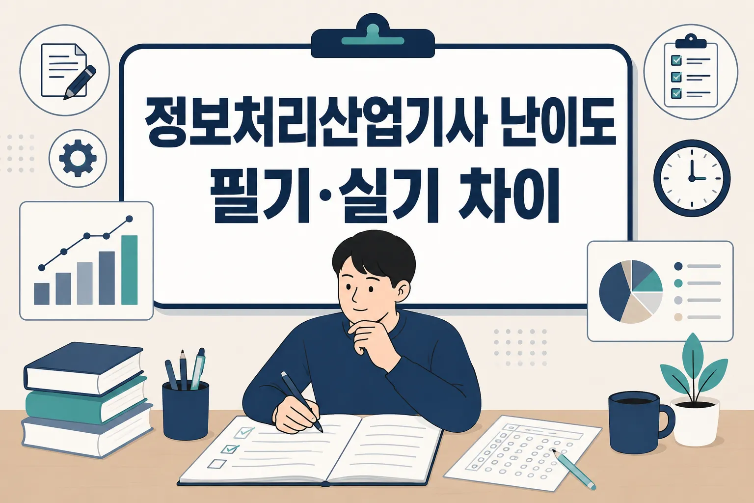 정보처리산업기사 난이도를 필기와 실기 차이 중심으로 이해하고 시험 준비 방향을 잡도록 안내하는 썸네일 이미지