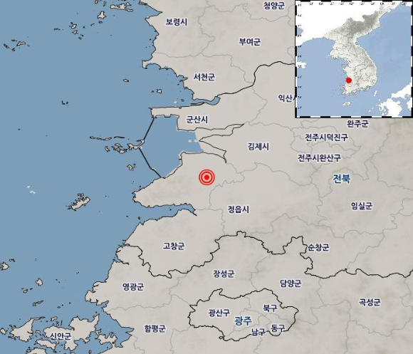 12일 오전 8시 26분 전북 부안군 남남서쪽 4㎞ 지점(북위 35.7, 동경 126.72)에서 진도 4.8 규모 지진이 발생했다. 사진은 기상청 제공. [사진=기상청]