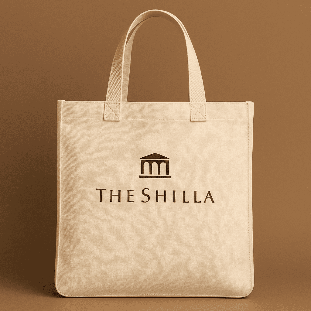 따뜻한-브라운톤-배경-앞에-세워진-서울신라호텔-PB-에코백이-정중앙에-배치되어-있고-견고한-손잡이와-미니멀한-베이지색-캔버스-재질의-가방-중앙에는-아치형-건축물-모양의-로고와-The-Shilla-로고가-갈색으로-프린트되어-브랜드의-품격과-친환경-이미지를-동시에-강조한-구성
