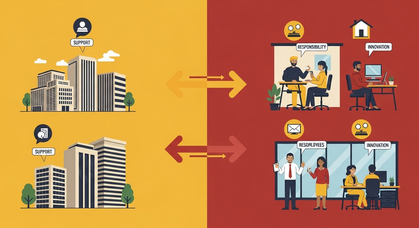 기업의 지원과 직장인의 책임감이 조화롭게 어우러져 유연근무 문화를 만들어가는 모습을 시각화한 일러스트.