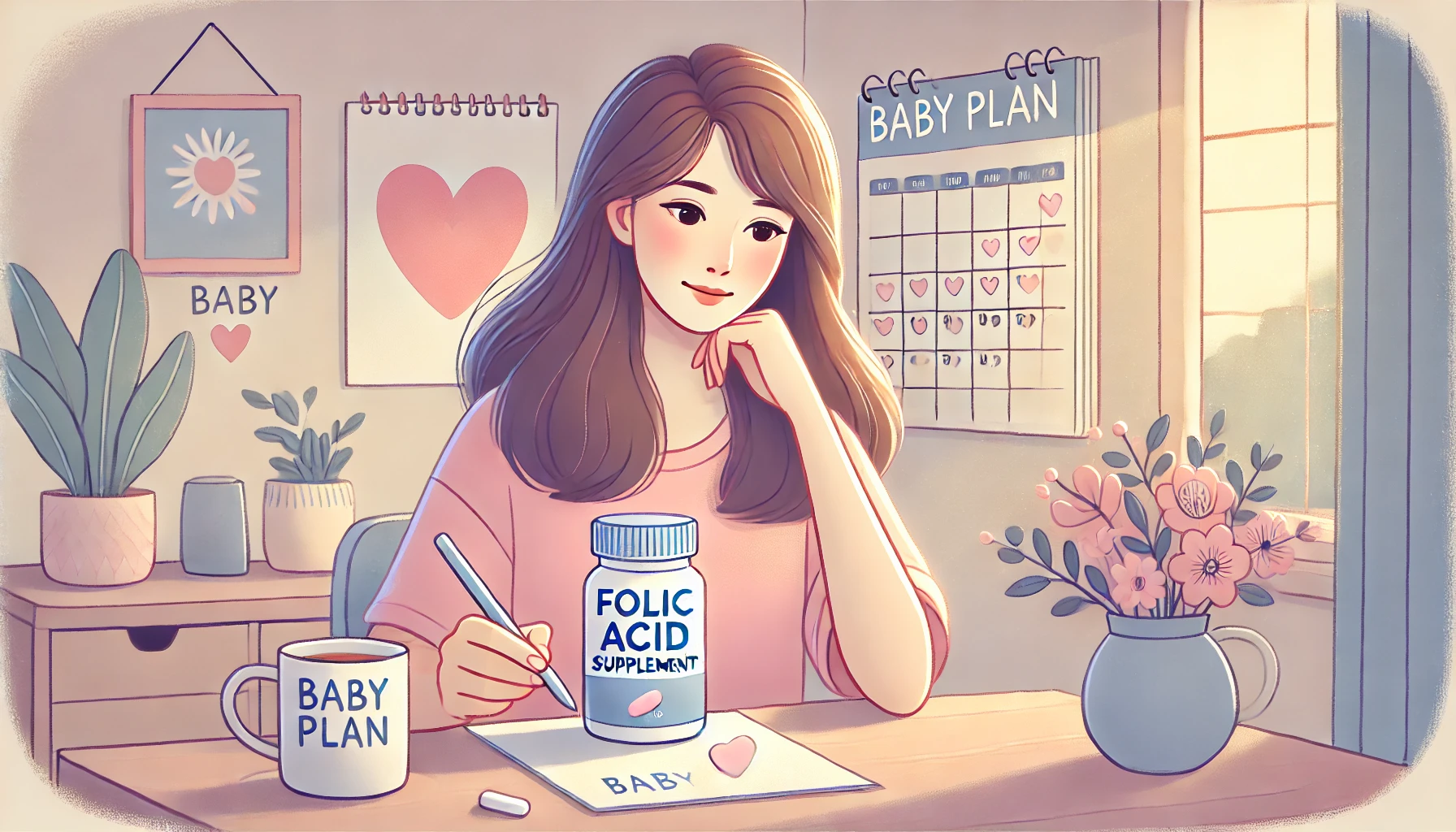 엽산제를 바라보며 임신을 준비하는 여성의 일러스트