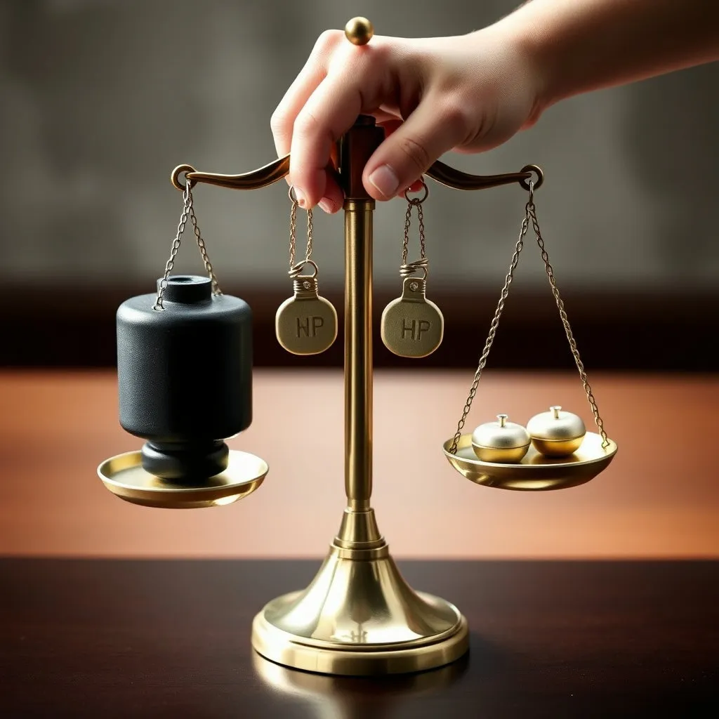 한쪽으로 기울어 있던 정의의 저울이 수평을 이루는 순간을 포착합니다. 저울의 한쪽에는 '검찰'을 상징하는 무거운 추가 놓여 있다가, 법률 개정안을 상징하는 손길에 의해 공소청과 중수청을 의미하는 두 개의 가벼운 추로 교체되어 균형을 찾는 모습입니다.
