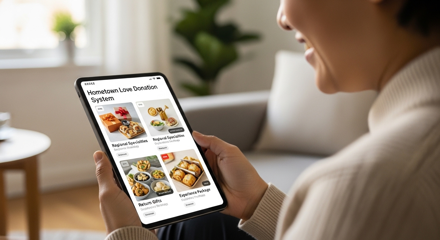 한 여성이 태블릿으로 고향사랑기부제 답례품 목록을 신중하게 살펴보며 행복한 미소를 짓는 모습. 현명하고 만족스러운 답례품 선택의 과정을 나타냅니다.