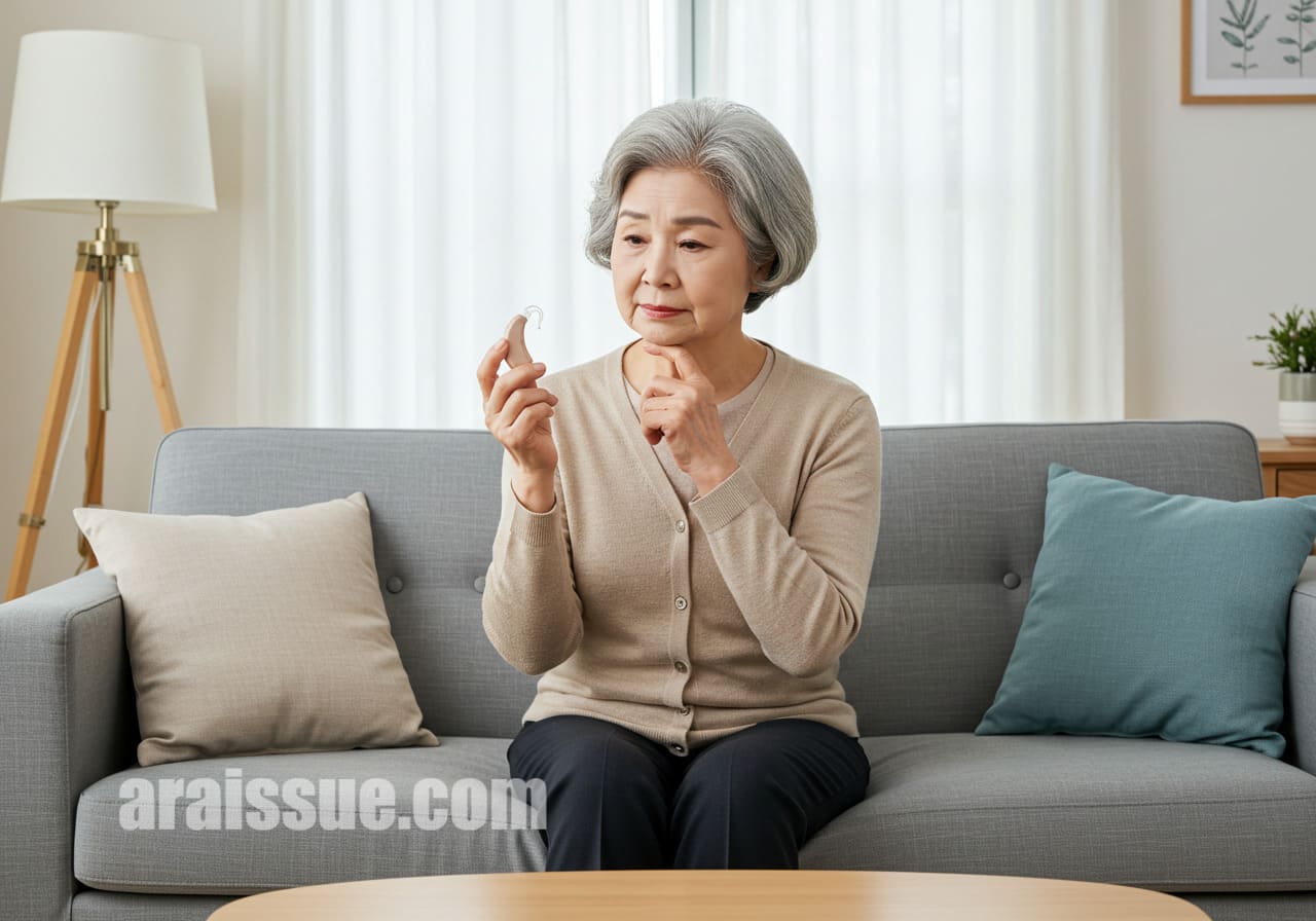 60대 한국 여성이 소파에 앉아 손에 든 보청기를 바라보며 고민하는 모습이다. 밝은 서양식 거실이 배경이며 현실감이 느껴진다.