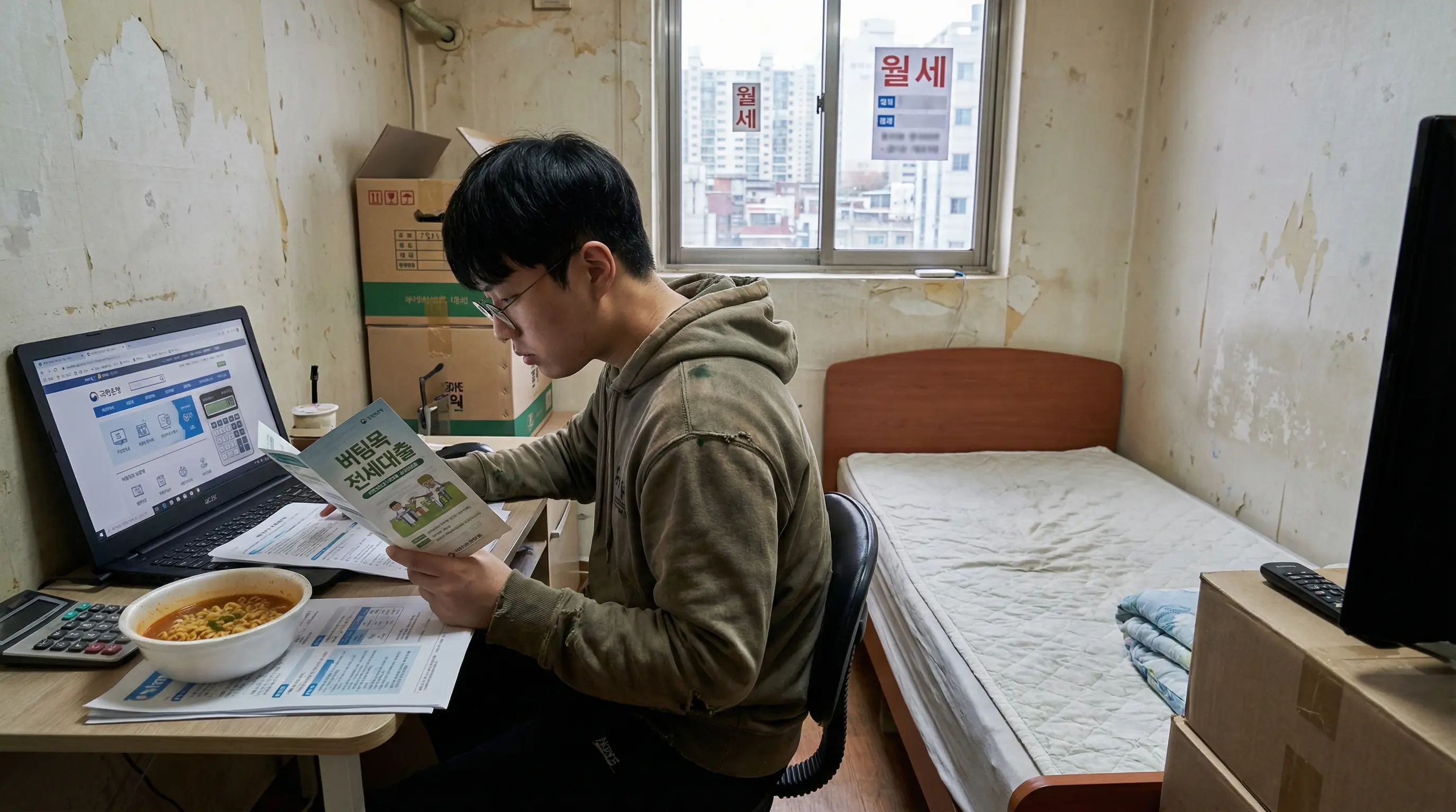 높은 월세 부담에서 벗어나기 위해 저금리 버팀목 전세 대출 조건을 꼼꼼히 확인하는 청년의 모습