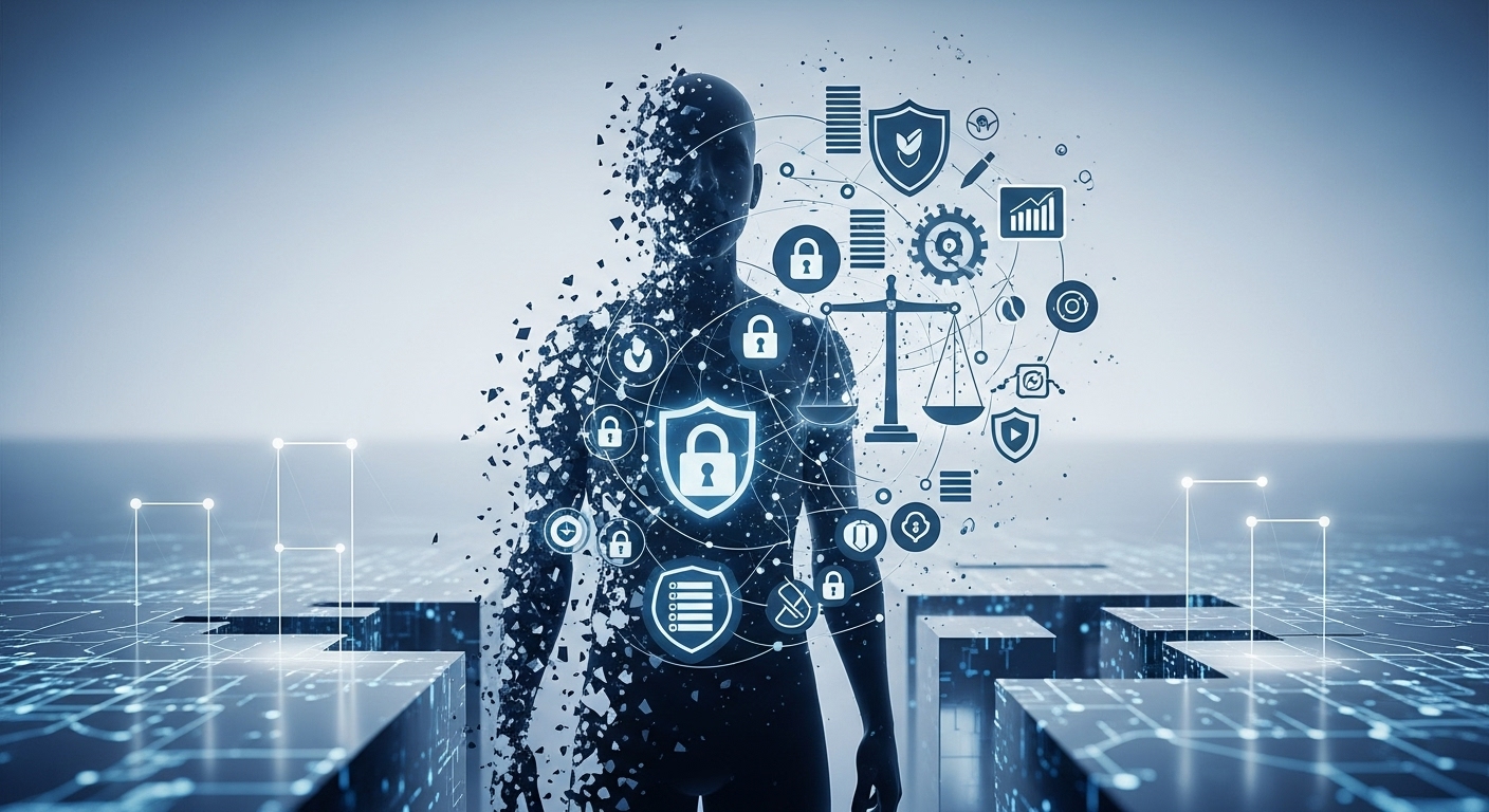 생성형 AI 시대의 일자리 변화, 데이터 보안, 윤리적 문제, 기술 격차 등 다양한 도전 과제들을 상징하는 이미지