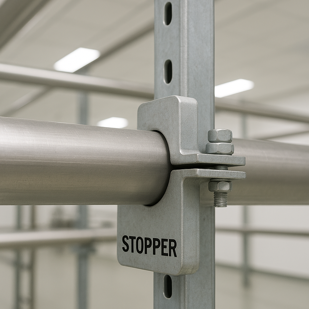 Realistic close-up of a stopper pipe support limiting axial movement of stainless steel piping
