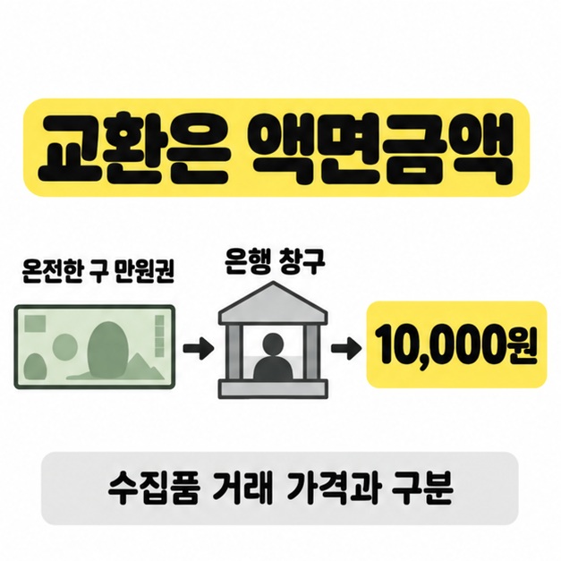 온전한 구 만원권이 은행 창구를 거쳐 10,000원으로 교환되는 흐름과 수집품 거래 가격과 구분한다는 안내 도식