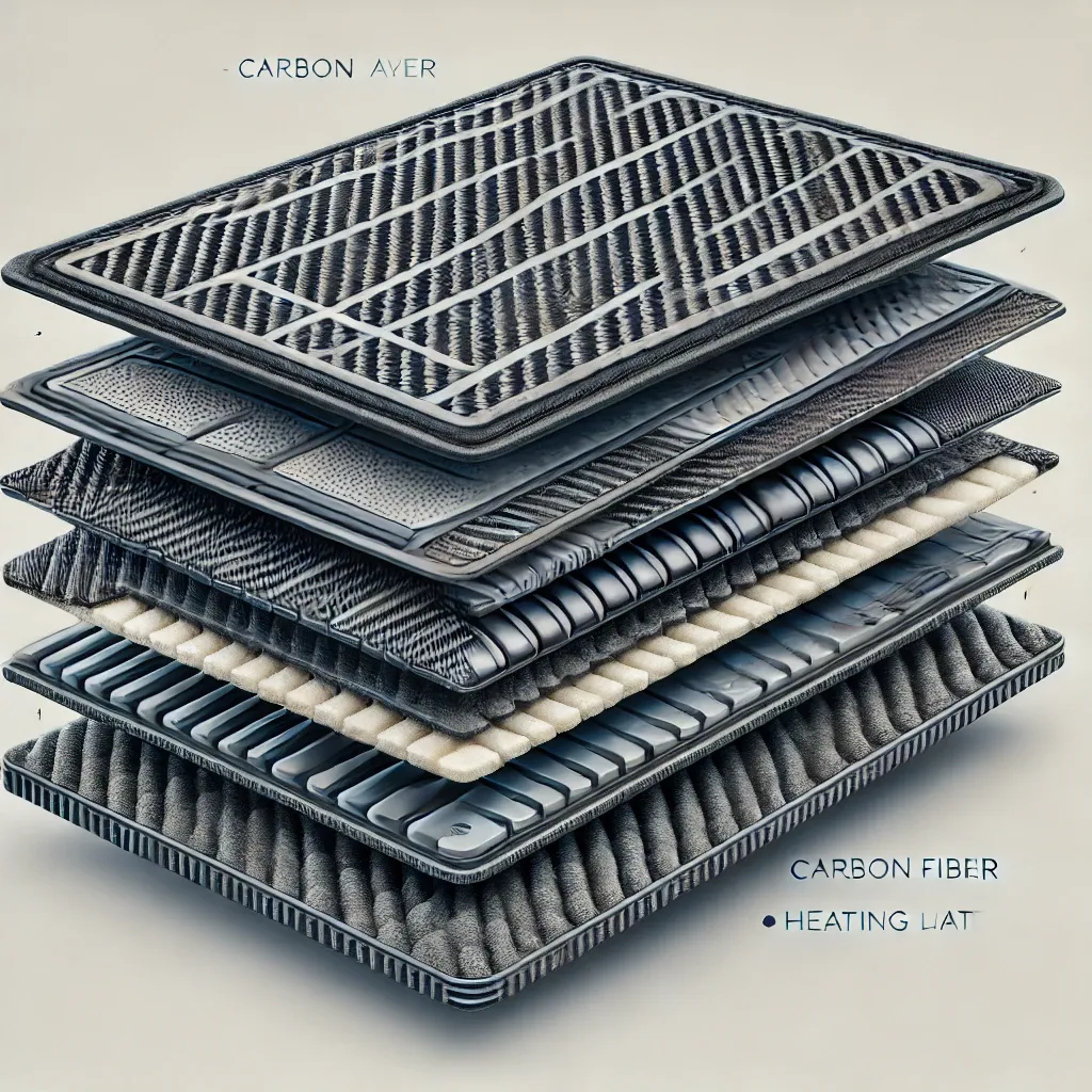 카본매트의 다층 구조를 보여주는 단면도와 탄소섬유 난방층