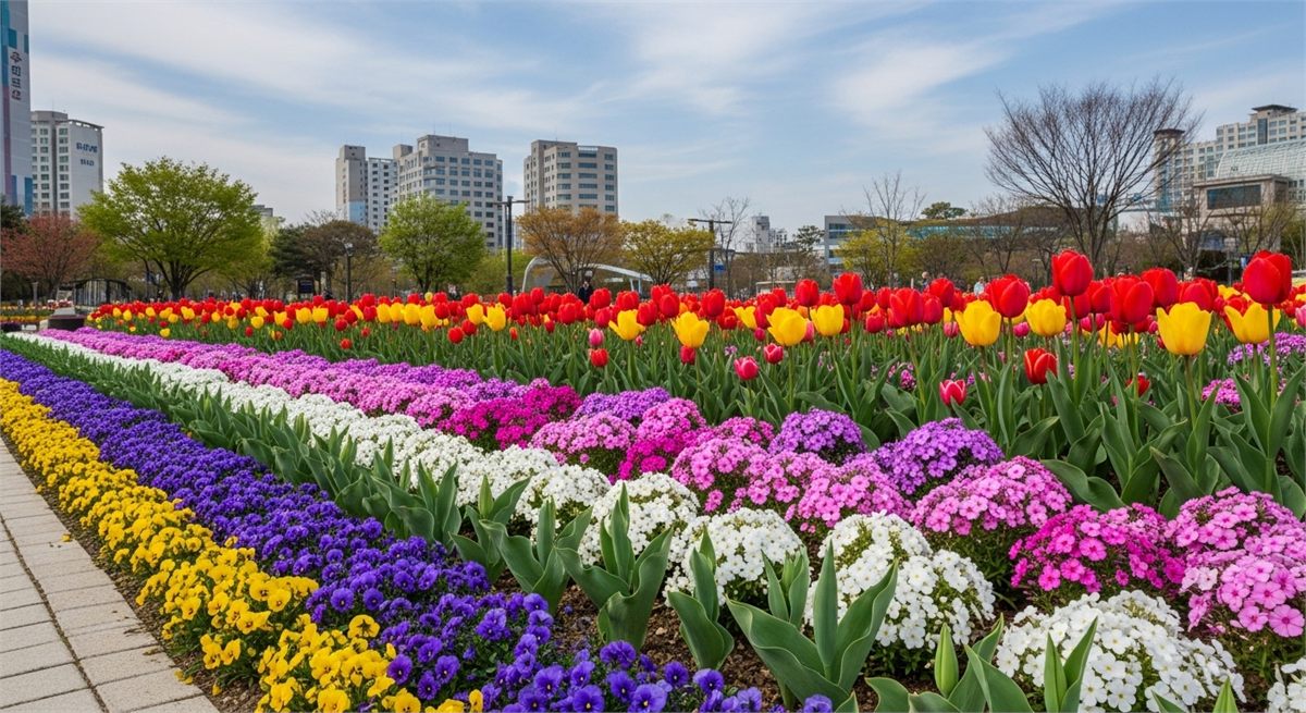 도심 공원 화단에 튤립과 꽃잔디가 정돈돼 있는 모습 