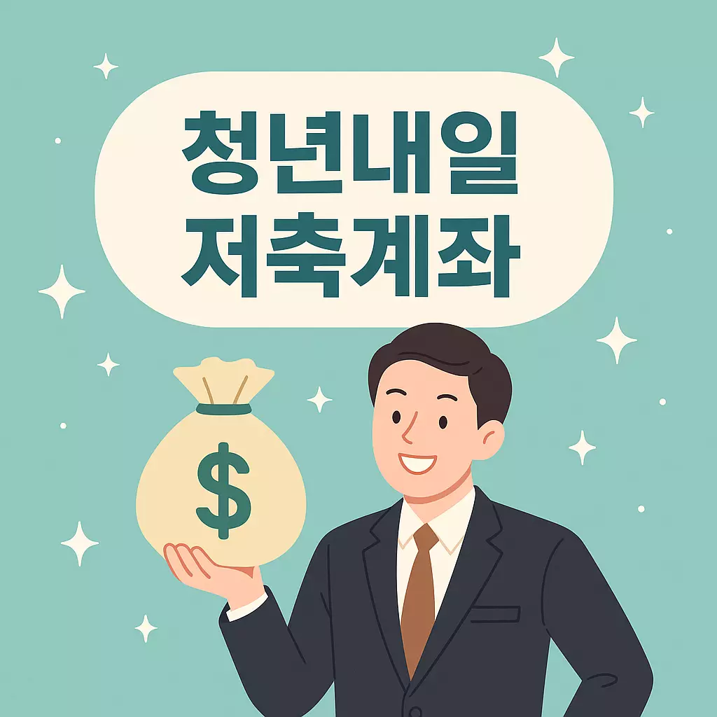 “청년내일저축계좌 제도를 소개하는 일러스트 이미지. 정장을 입은 청년이 돈자루를 들고 미소를 짓고 있으며, 말풍선에 '청년내일저축계좌'라는 문구가 크게 표시되어 있다. 자산 형성 지원제도를 상징적으로 표현함.”