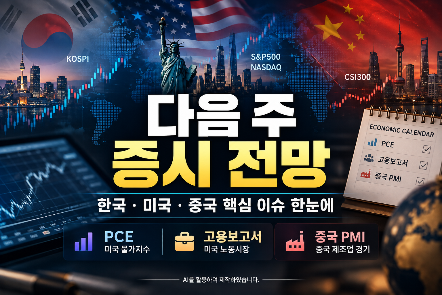 한국 미국 중국 증시와 PCE 고용보고서 중국 PMI 등 다음 주 주요 경제이슈를 정리한 이미지